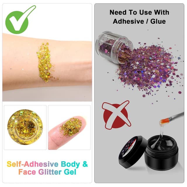 Detalle de URAQT Body Glitter Gel & Chunky Glitter Gel (weiß, silber, gold) – glitzerndes Pailletten-Bodygel für Gesicht, Haare, Lippen & Nägel