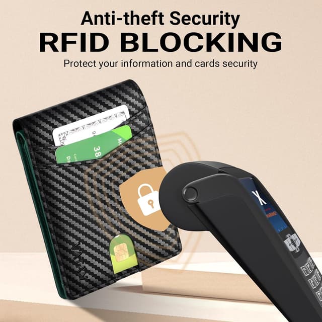 Detalle de VATAN Slim RFID Blocking Leather Wallet (Carbon Black & Green) for up to 15 Cards