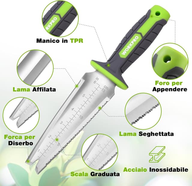 Detalle de WORKPRO paletta da giardino 12" con custodia in Oxford e lama dentata in acciaio inox