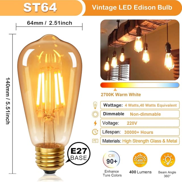 Detalle 2 de YUNRRD Vintage E27 LED Edison Bulb ST64 4W