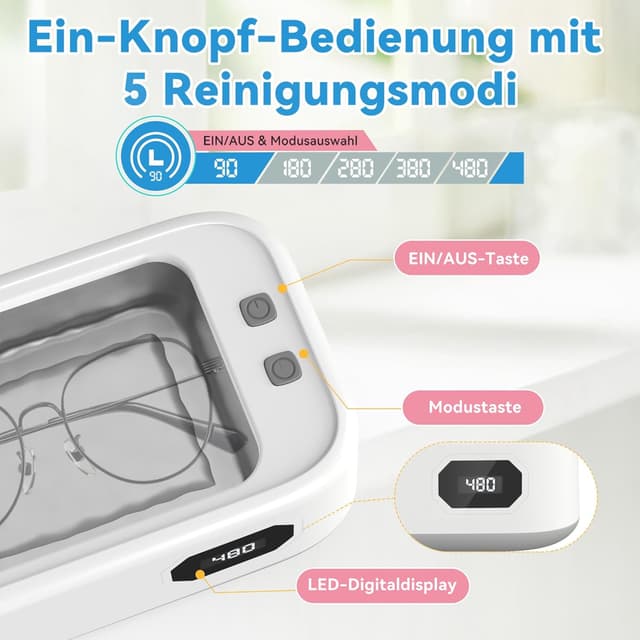 Detalle 2 de Ultraschallreinigungsgerät 49.000 Hz (49 kHz) – 640 ml Ultraschall Cleaner mit Display, 5 Modi für Brille, Schmuck & Uhren