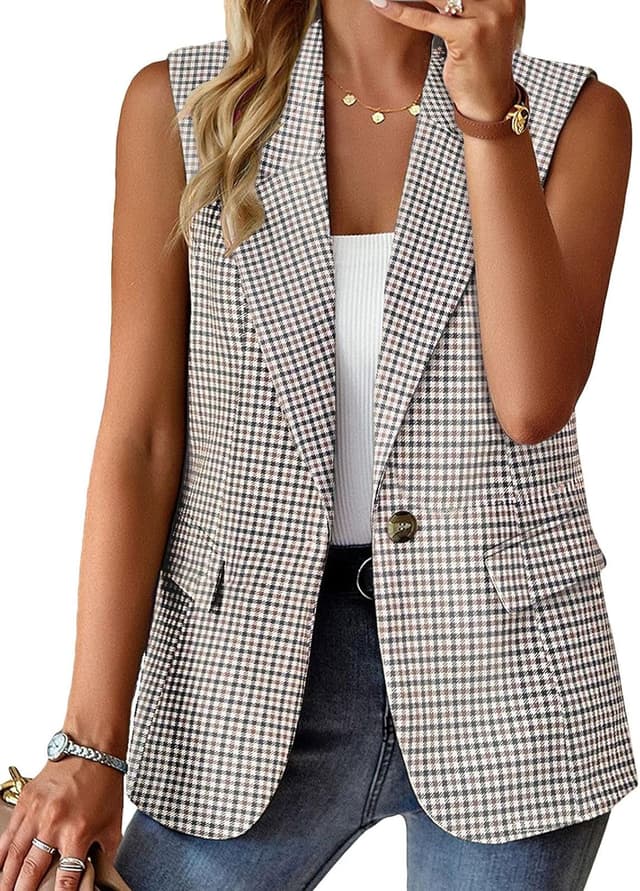 Detalle de Mina Self 2026 Summer Women’s Sleeveless Vest Top — Lightweight Fully Lined Blazer Style with Pockets
