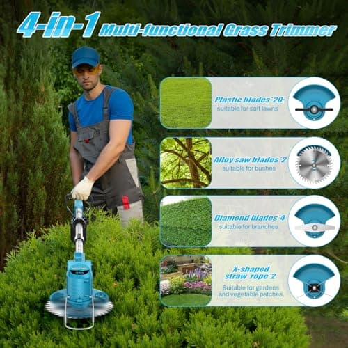 Detalle de finade Desbrozadora a Batería 500W con 2 baterías 21V 2000 mAh y 4 tipos de cuchillas