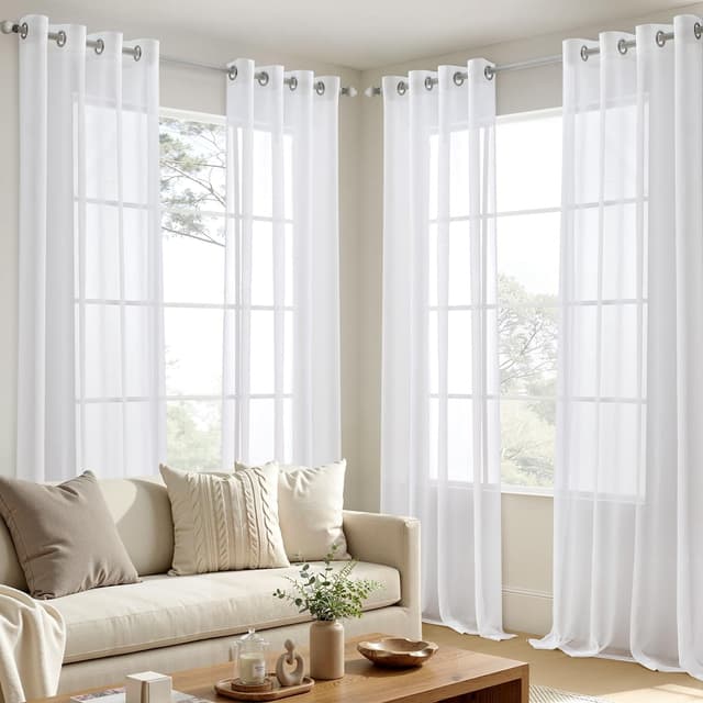 Detalle de EMEMA 4er-Set Sheer-Voile-Gardinen mit Ösen, transparent, 140 x 245 cm (B x H), Polyester – weiß