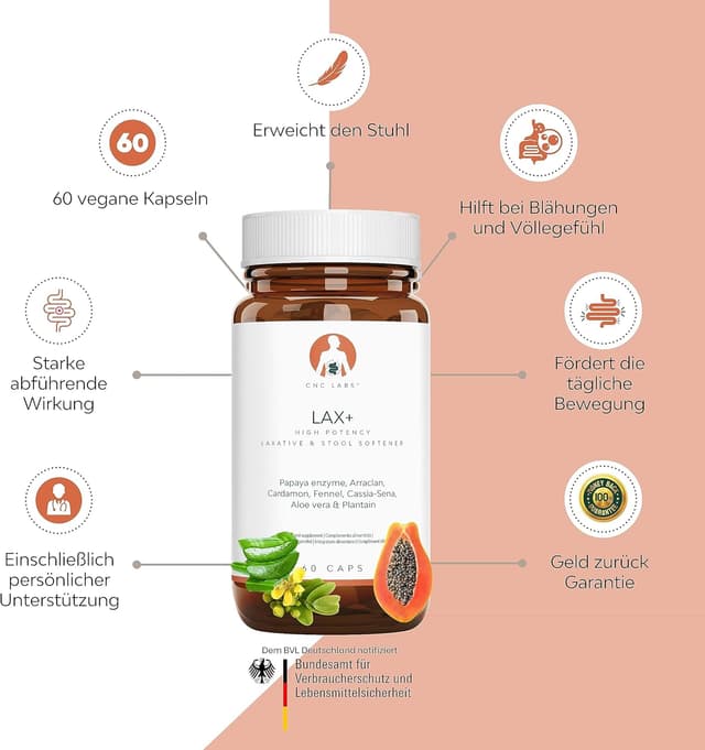 Detalle 1 de Abführmittel schnell wirkend LAX+, Stuhlweichmacher, 100 Natürliche, Abführmittel bei Verstopfung stark, Lindert Verstopfung Papaya, Arraklan, Kardamom, Fenchel, Sena, Aloe & Pflanzen
Abführmittel schnell wirkend LAX+, Stuhlweich…