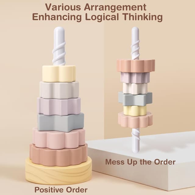 Detalle 1 de Joyreal Wooden Spinning Stacking Tower Toys – Rainbow Ring Stacker (Montessori-inspired cause & effect toy)