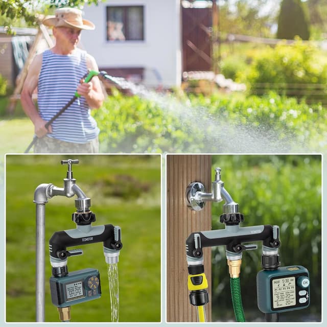 Detalle de Tesmotor 2 Way Tap Splitter (3/4 inch) with individual shut-off valves for garden hose and kitchen taps