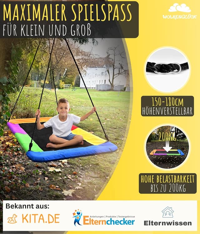 Detalle de WOLKENGLÜCK® 3-in-1 Nestschaukel eckig (150 x 80 cm) mit Höhenverstellung bis 200 kg
