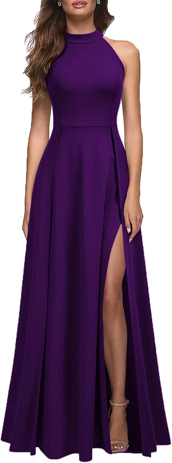 Detalle de MUSHARE Women’s Halter Neck Split Maxi Formal Dress (Bodycon Cocktail Party Style)