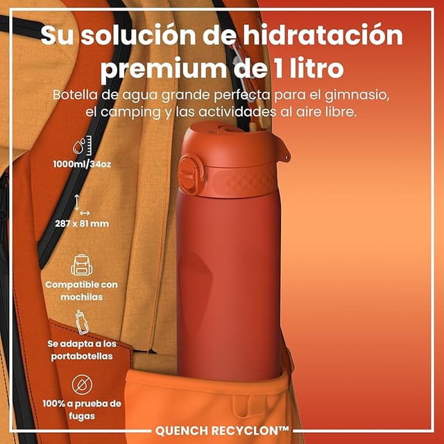Detalle 2 de ion8 Botella de Agua 1 L, a prueba de fugas, naranja