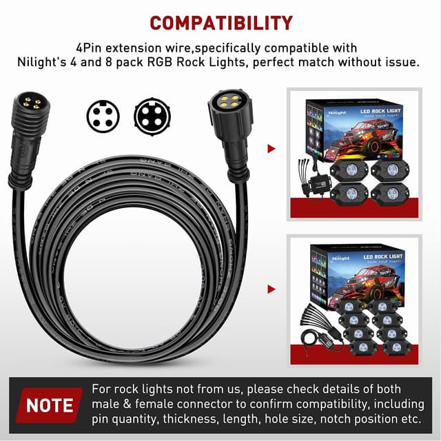Detalle de Nilight 2-Pack 10FT 4-Pin RGB Extension Cable Cord (for 4 & 8 Pods Underglow Rock Light Kits)