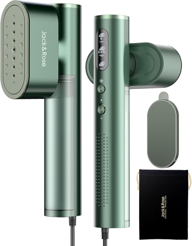 Detalle de Jack & Rose dual-voltage travel clothes steamer (100–240V) with 15s heat-up and 2-in-1 dry/wet ironing