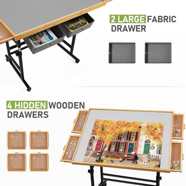 Detalle de BuilderButler 1500-Piece Puzzle Table with Wheels, Adjustable Height & 45° Tilt, Drawers and Cover