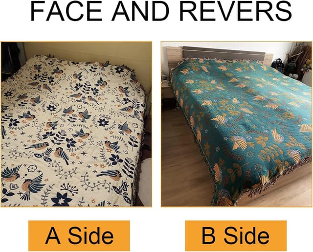 Detalle de HOORDRY 150 x 200 cm Cotton Bed Throw with Tassels – Reversible Boho Blanket for Sofa or Bed (Green/White)