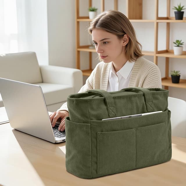 Detalle de oscaurt Corduroy Tote Bag with 13 Pockets (20-litre capacity) – organiser shoulder bag for work, school and travel