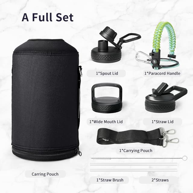 Thumbnail 6 de Trebo One Gallon Insulated Water Bottle (3.8 L) with Paracord Handle, 3 Leakproof Lids & Straw/Spout/Wide-Mouth Options, Dark Green
