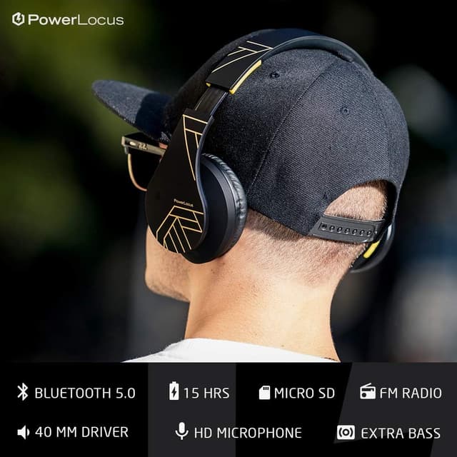 Detalle de PowerLocus Bluetooth Over-Ear Headphones (Black/Yellow) with Mic, Foldable Design, Micro SD/TF and Wired Mode