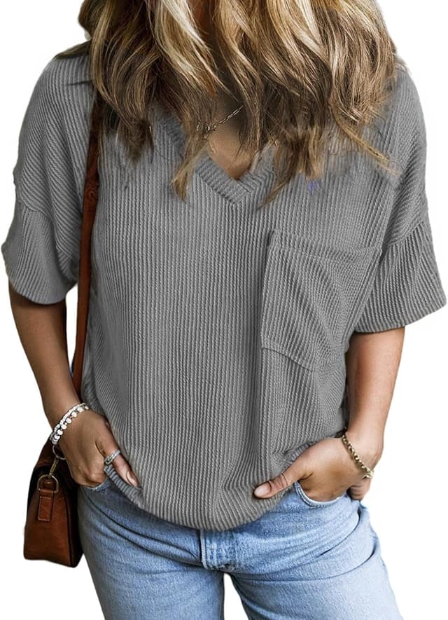 Detalle de GLEENOD Damen Kurzarm-T-Shirt mit V-Ausschnitt, Oversize-Look und Tasche