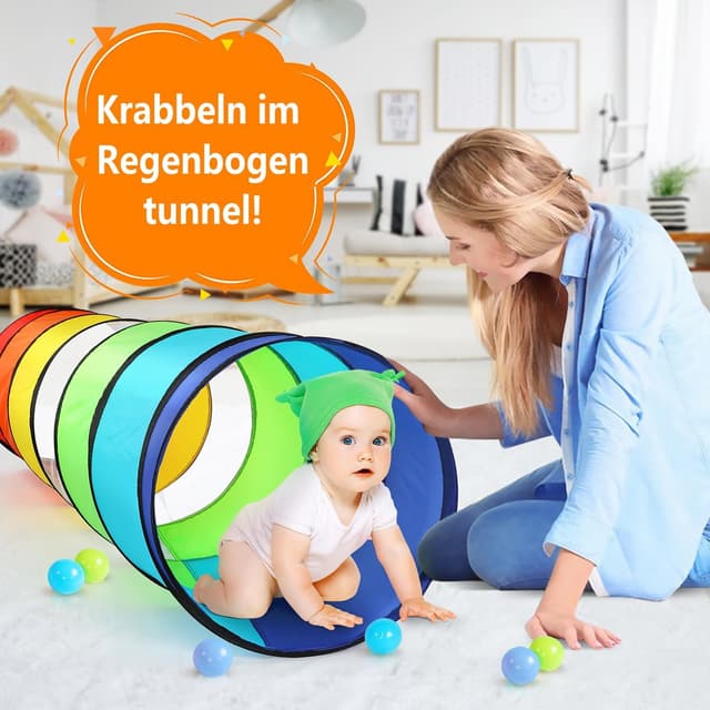 Detalle de Wilwolfer Kinder-Spieltunnel mit Mesh-Seiten (180 cm) – klappbares Outdoor-Spielzelt im Regenbogen-Design