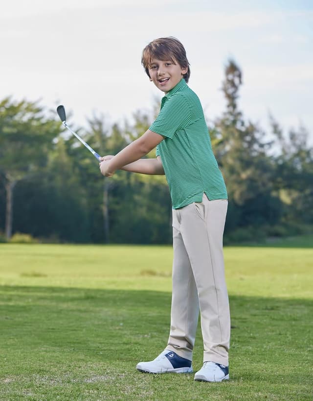 Detalle de Boys Performance Striped Polo Shirts (Short Sleeve, Moisture Wicking, UPF 30+) — Golf & Sports
