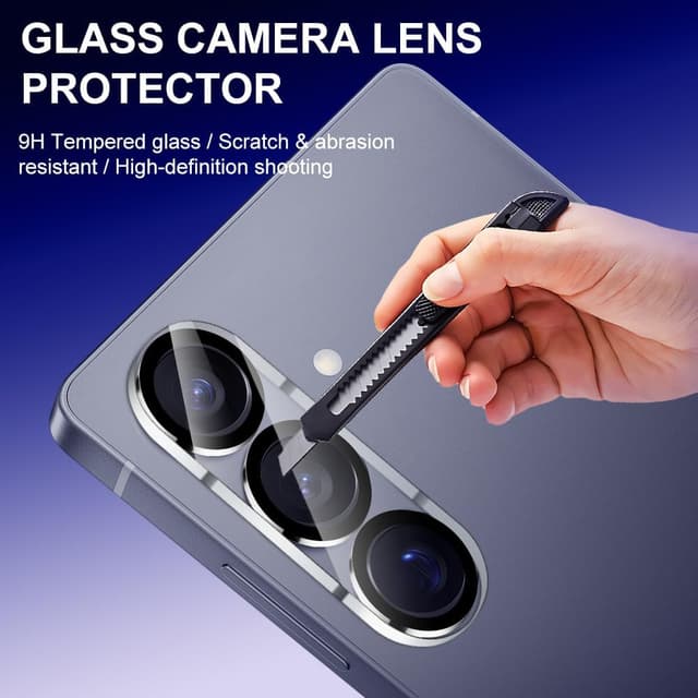 Detalle de OFFCUP 3 Set protezione obiettivo fotocamera per Samsung Galaxy S25 Plus (vetro 9H) – bianco