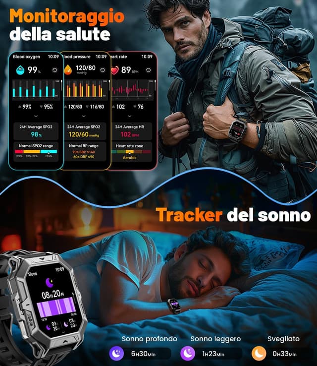 Detalle de Smartwatch Uomo Militare TX1 grigio con batteria da 1000mAh, bussola/barometro e 10ATM