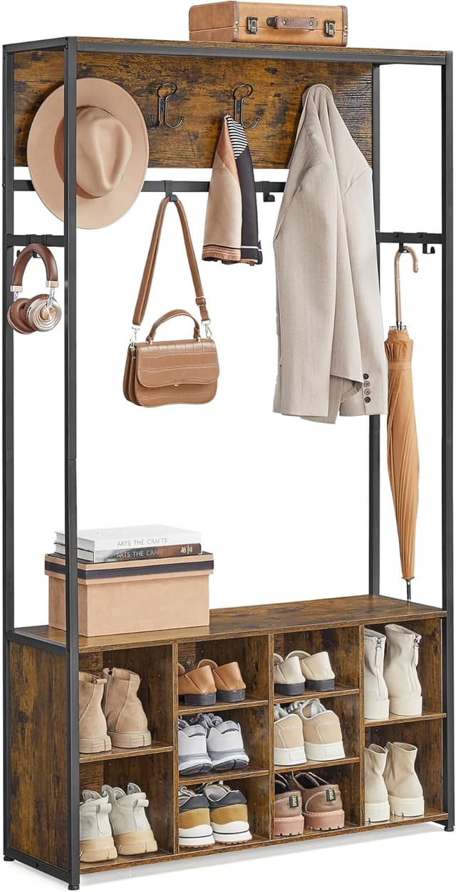 Detalle de VASAGLE HSR432K01 : porte-manteau meuble d’entrée 4-en-1 avec étagères à chaussures et banc