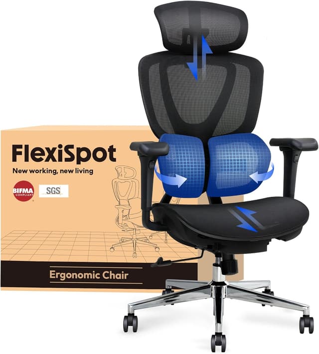 Detalle de FLEXISPOT Sedia ergonomica da ufficio con supporto lombare Dual-Wing, poggiatesta e braccioli 3D (nero)