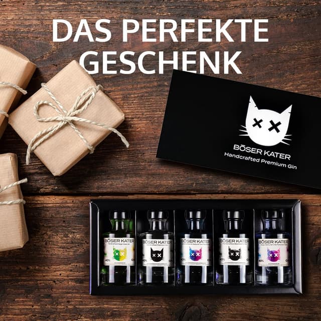 Detalle de BÖSER KATER Farbwechsel Gin Tasting-Set in Geschenkbox (für bis zu 5 Personen) mit 100-ml Miniaturen