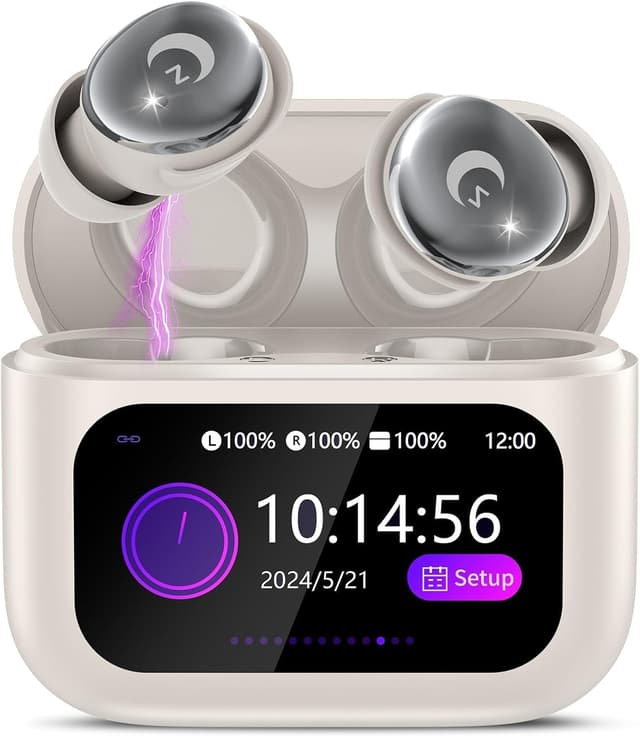 Detalle de White Wireless Earbuds with Smart Touch Screen (2026 Mini) Bluetooth 5.4, Sleep Mode & Noise-Cancelling Mic