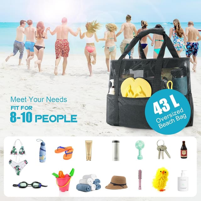 Detalle de XXL Strandtasche für Damen: Strandtasche XXL Familie mit Reißverschluss, 9 Fächer (ca. 35 Liter), 47×20,5×34,5 cm