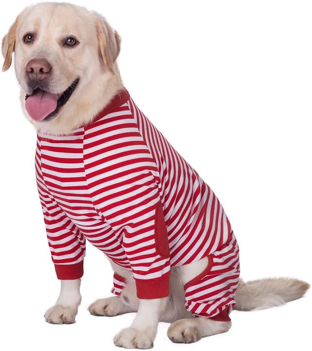 Detalle de BT Bear Large Dog Clothes dog pyjamas jumpsuit (striped cotton, zip) – 8” back length, red