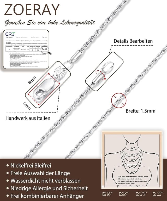 Detalle 2 de ZOERAY Silberkette Damen 925 16–22 Zoll