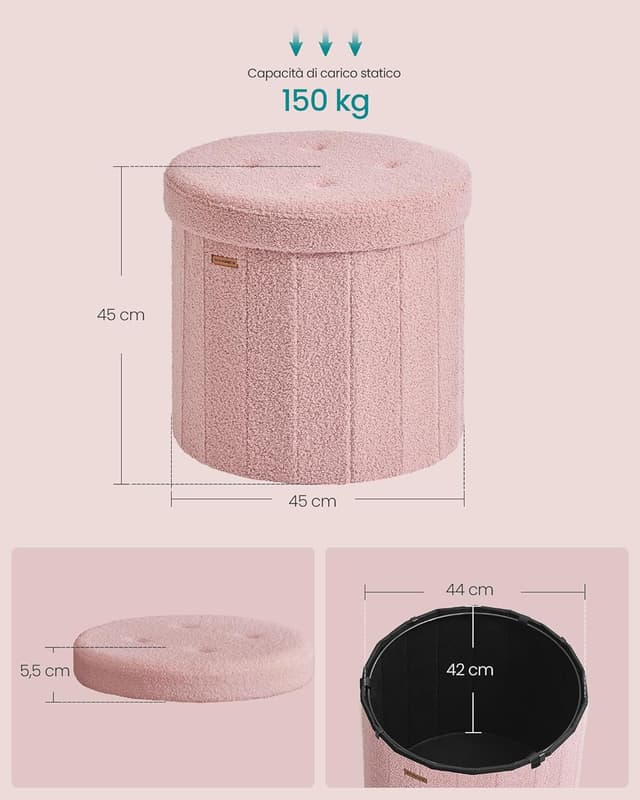 Detalle de SONGMICS MAZIE LSF606R01 pouf contenitore rotondo pieghevole rosa pastello, con coperchio e seduta in tessuto peluche