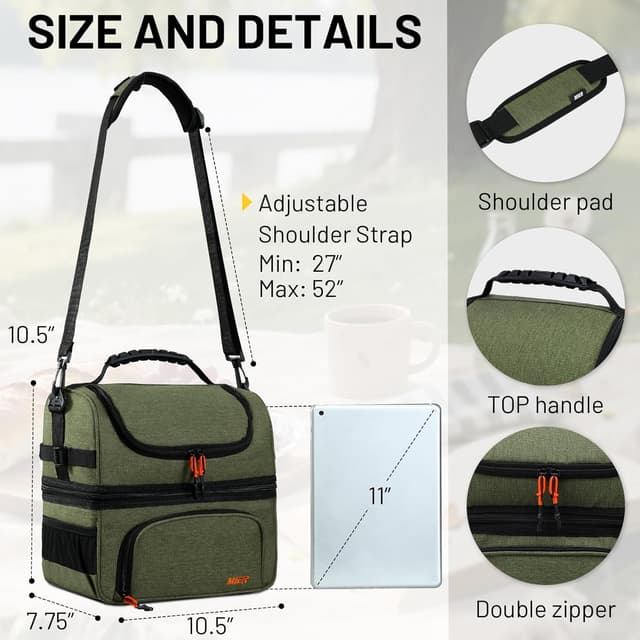Detalle de MIER Dual Compartment Lunch Bag Tote (Army Green) — Insulated, Leakproof Cooler Tote