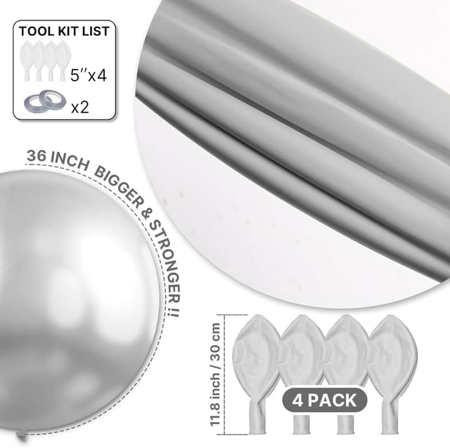 Detalle 2 de PartyWoo Metallic Silver Balloons (36-inch), 4-Pack Jumbo Chrome-Style for Graduation, Wedding, Baby Shower & More