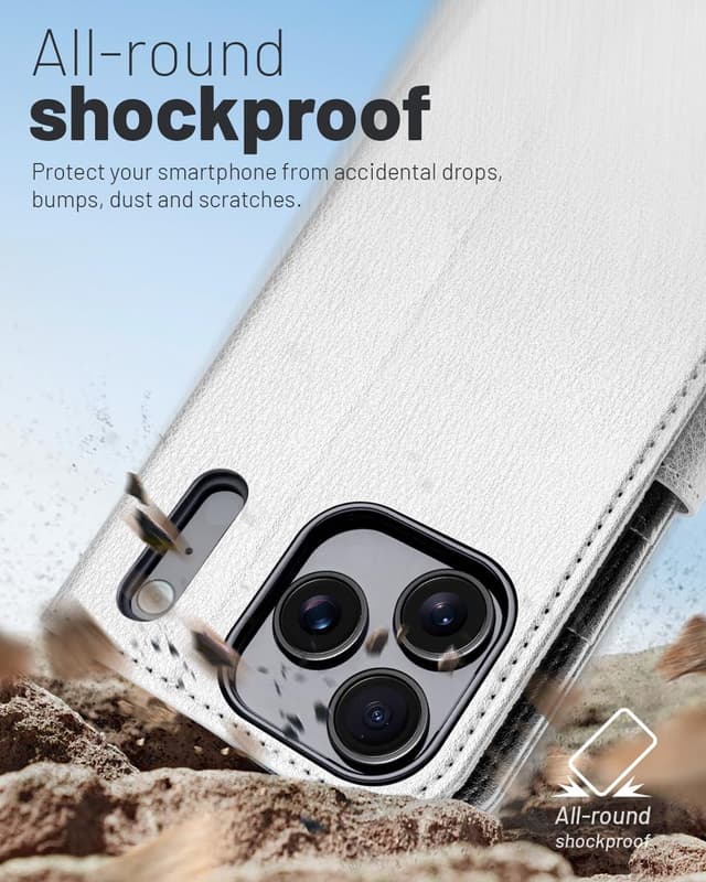 Detalle de OCASE Hülle für iPhone 17 Pro Max 5G mit Kartenfach, Magnet & RFID-Blocker (Leder, Silber)