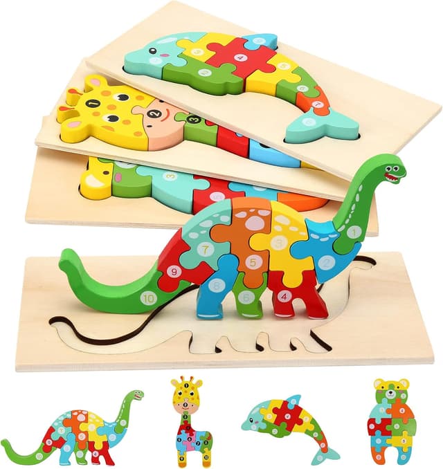 Detalle de Holzpuzzle für Kleinkinder 1–3 Jahre, Montessori-Spielzeug 4er-Pack