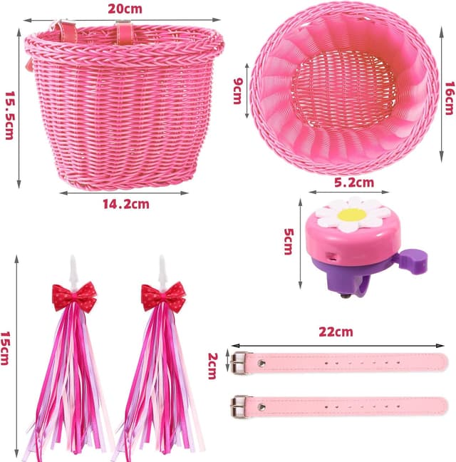 Detalle 2 de SVNR kids bike basket set with handwoven basket, bell, streamers and leather straps