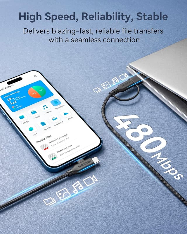 Detalle 2 de ASICEN 100W PD 2-in-2 Multi Charging Cable (6ft) — Braided USB-C to 90° Lightning with USB-A/C to C options