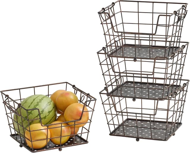 Detalle de Mikasa Gourmet Basics Ferme 4-Tier Market Basket with Antique Black Wire & Acacia Wood Handle