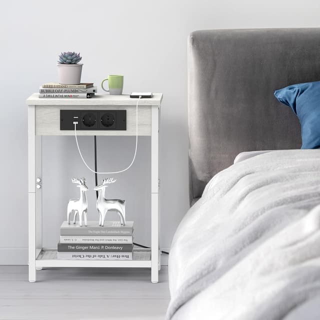 Detalle 2 de YBING Nachttisch mit Ladestation (schmal) – 2 Steckdosen & 2 USB-Anschlüsse, schwarz