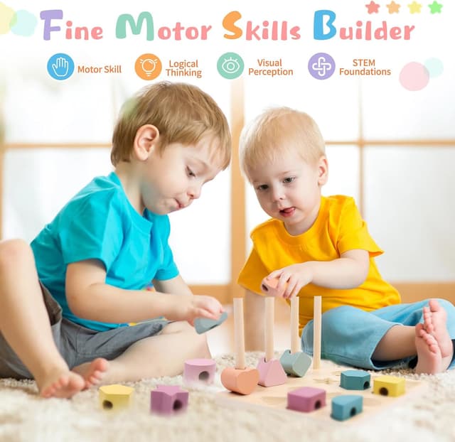 Detalle 2 de wotoyd Montessori Steckspiel & Fädelspiel aus Holz (ab 3–5 Jahren) – 3-in-1 Lernspielzeug