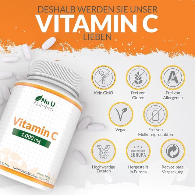 Thumbnail 6 de Nu U Nutrition Vitamin C 1000mg Hochdosiert 180 Vegane Tabletten