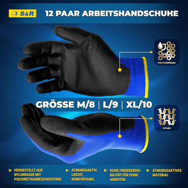 Detalle de S&R Arbeitshandschuhe für Herren (Gr. 9) – robuste Mechaniker-, Montage- und Gartenhandschuhe