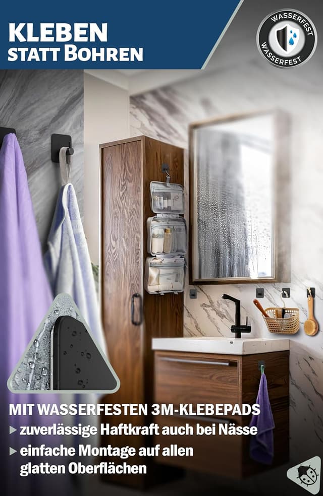 Thumbnail 3 de Menz portasciugamani nero senza foratura: set di 4 ganci adesivi in acciaio inox