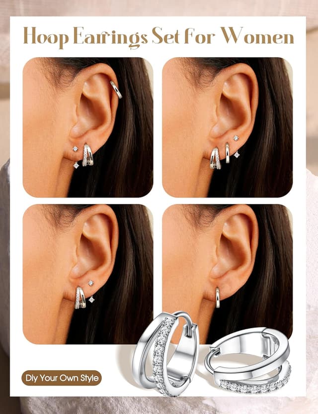 Thumbnail 1 de Finrezio 3 Paar Ohrringe aus Silber 925 für Damen – Creolen, Huggie und Ohrstecker (hypoallergen)