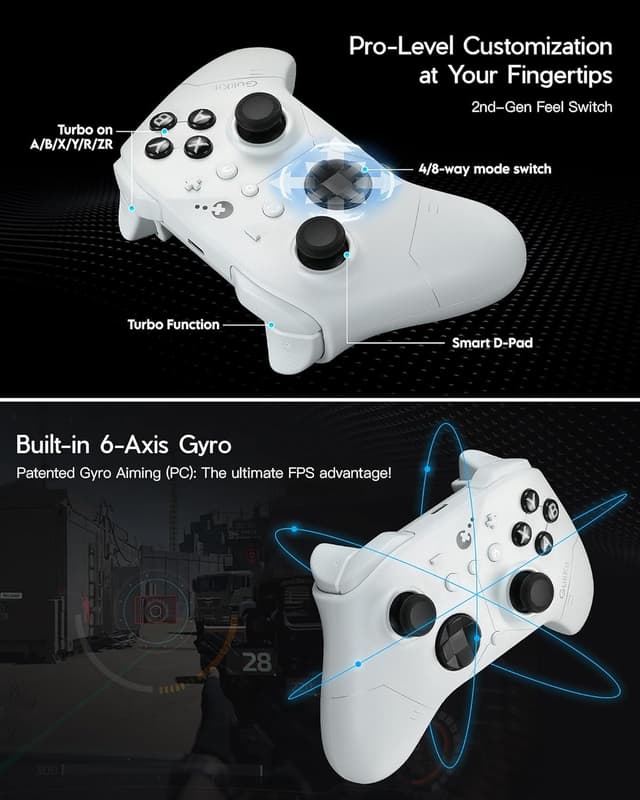 Detalle de GuliKit ES PRO Wireless Controller (PC, Windows, Android, iOS, Switch 1/2) mit 3,25 ms Latenz und TMR-Sticks – Weiß