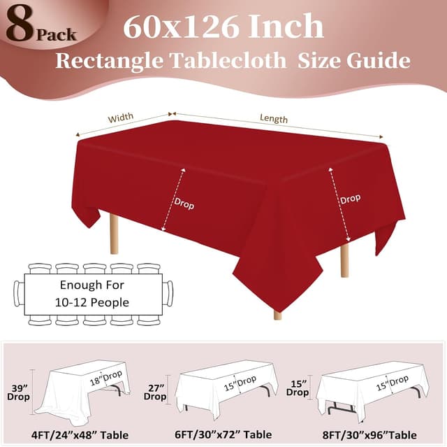 Detalle de pepmily 8-Pack Red Rectangle Tablecloths (60x126 Inch) for 8-Foot Tables