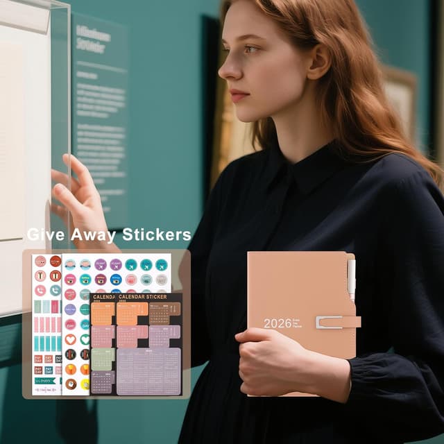 Detalle de Akademischer Terminplaner 2026 A5 (ein Tag pro Seite) – rosa mit Stifthalter & Kalenderaufklebern